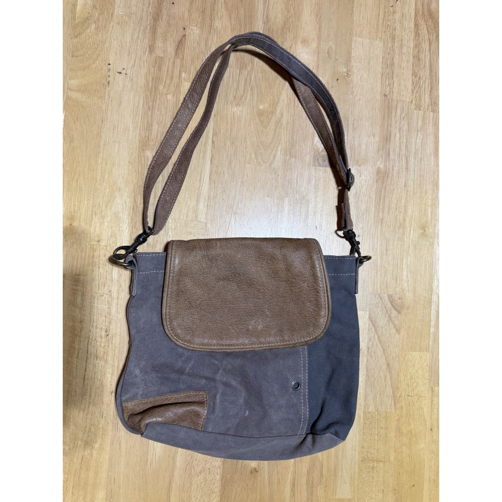 Myra Bag Canvas Leather Crossbody Shoulder Bag Gray Brown Boho Western Purse